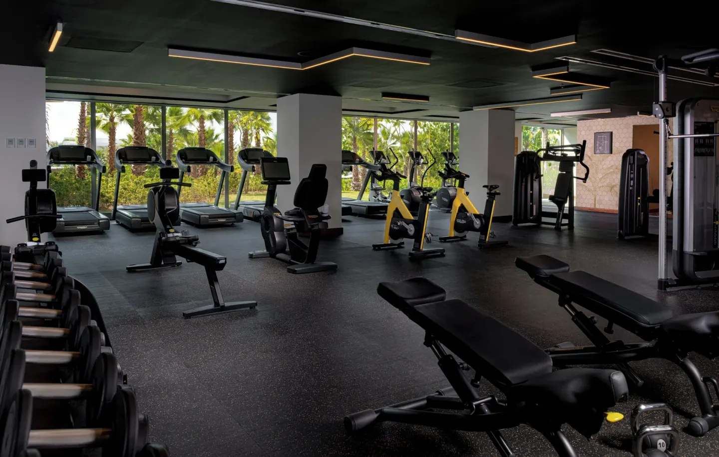 Fitness center with treadmills, bikes, weights and windows at Conrad Punta de Mita.