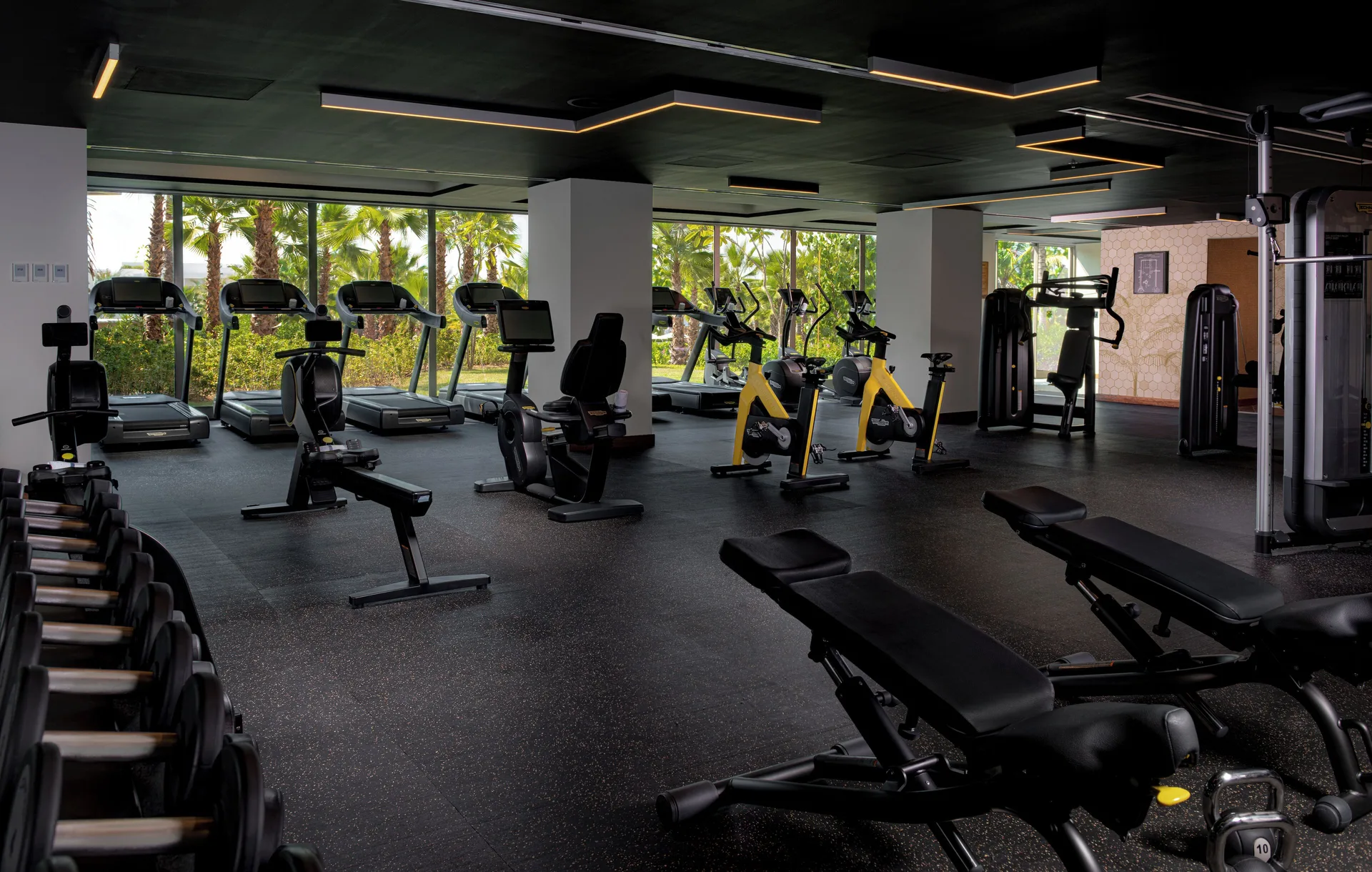 Fitness center with treadmills, bikes, weights and windows at Conrad Punta de Mita.
