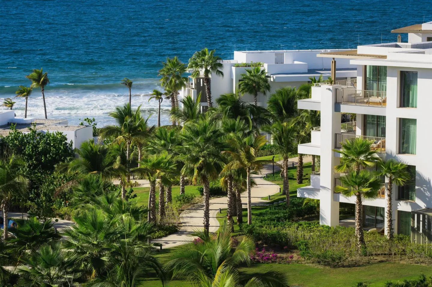 Oceanfront guest buildings and palm gardens at Conrad Punta de Mita.