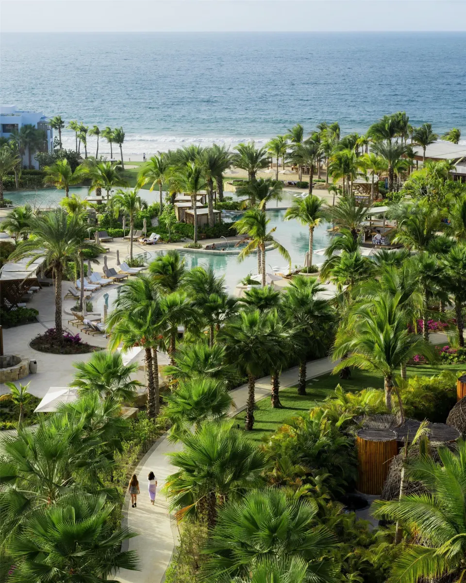 Aerial view of pools, palms, paths and the ocean at Conrad Punta de Mita.
