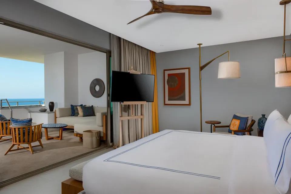 Penthouse bedroom and ocean-view balcony at Conrad Punta de Mita.