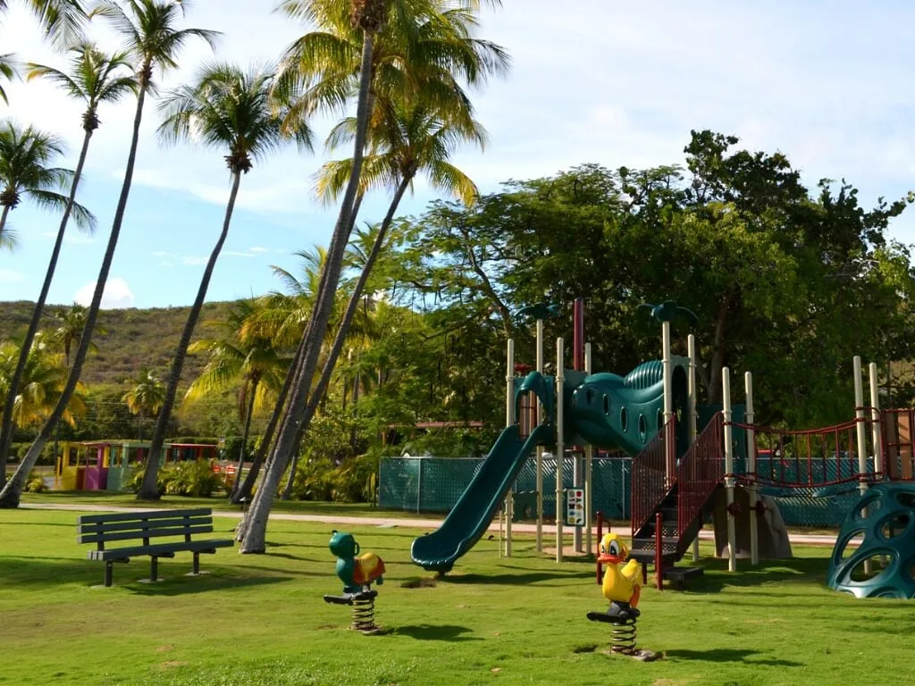 Children's playground with slides and palm trees at Copamarina Beach Resort & Spa.