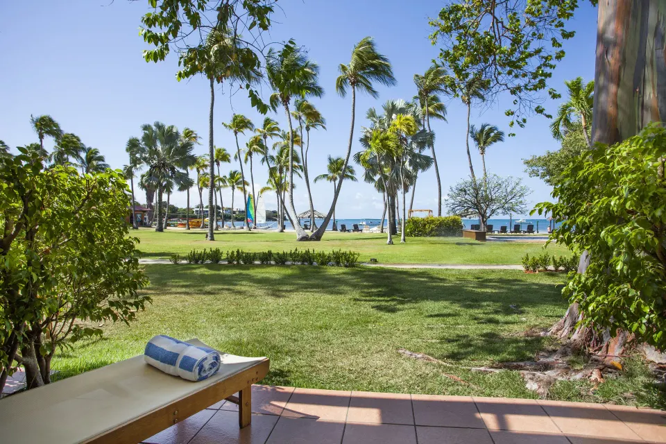 Ground-floor terrace looking across the palm lawn at Copamarina Beach Resort & Spa.
