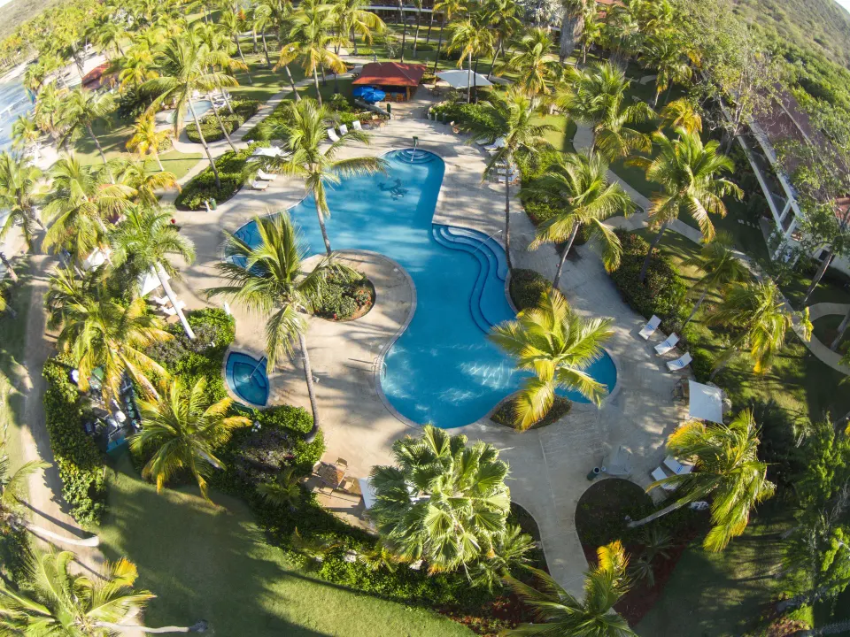Aerial view of the palm-lined pool at Copamarina Beach Resort & Spa.