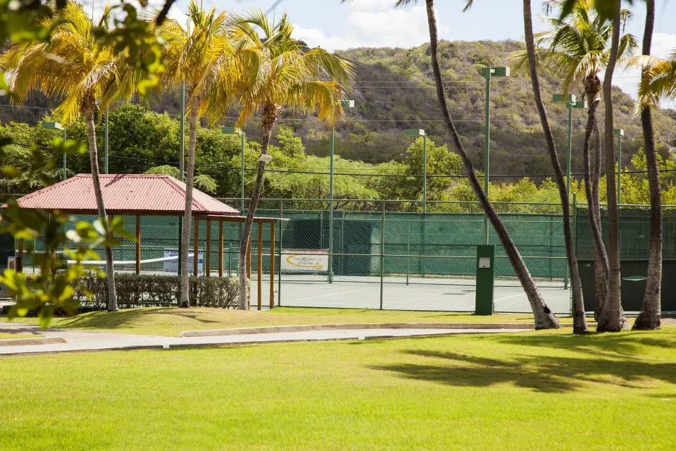 Tennis courts set among palms and lawns at Copamarina Beach Resort & Spa.