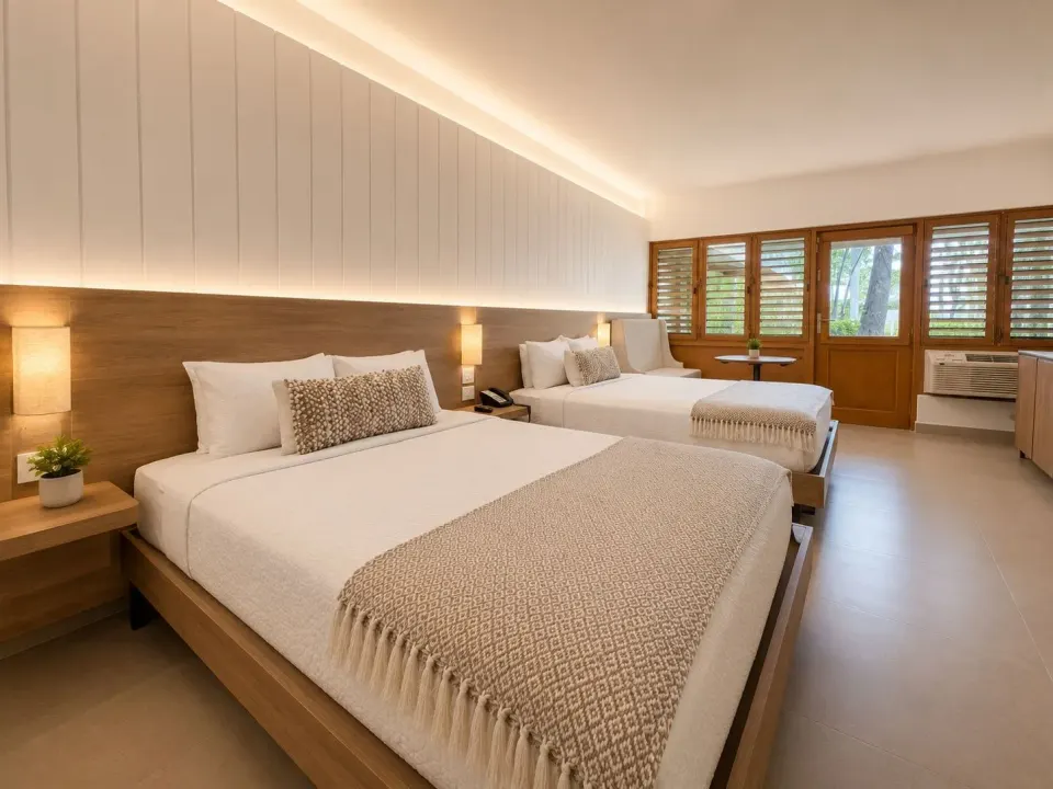 Garden View Room with two beds and wood shutters at Copamarina Beach Resort & Spa.