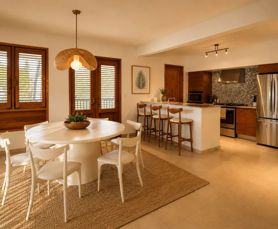 Dining area and kitchen in a Luxury Three-Bedroom Villa at Copamarina Beach Resort & Spa.