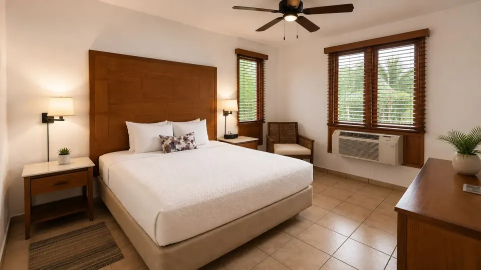 King bedroom in a Luxury Three-Bedroom Villa at Copamarina Beach Resort & Spa with wood shutters.