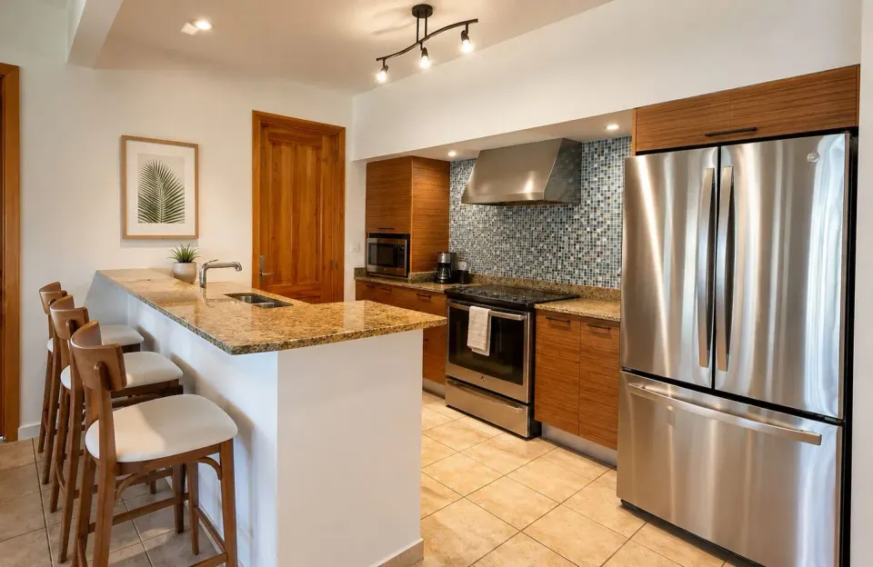 Kitchen in a Luxury Three-Bedroom Villa at Copamarina Beach Resort & Spa with island seating.