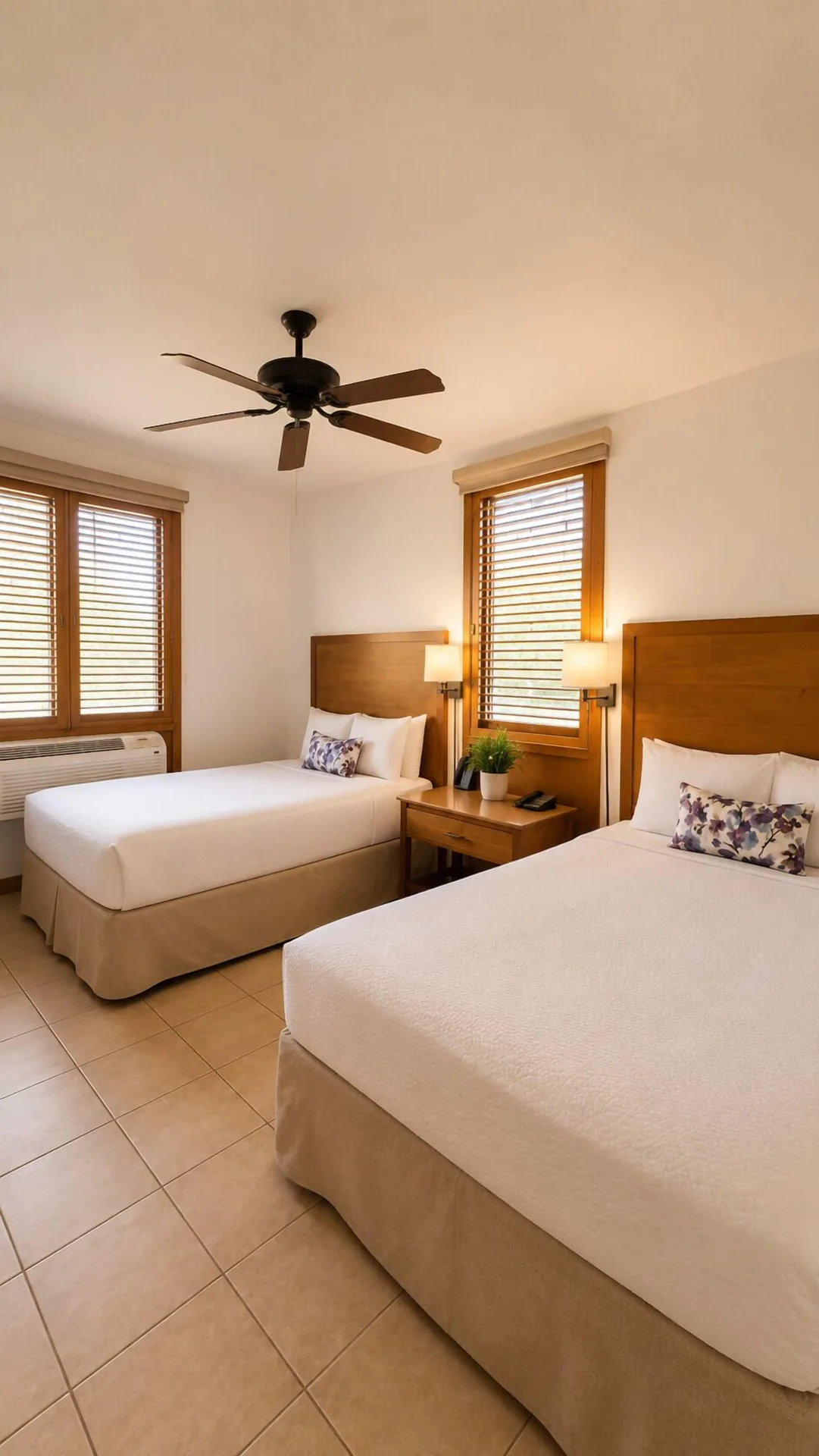Two beds in a Luxury Three-Bedroom Villa at Copamarina Beach Resort & Spa with a shared nightstand.