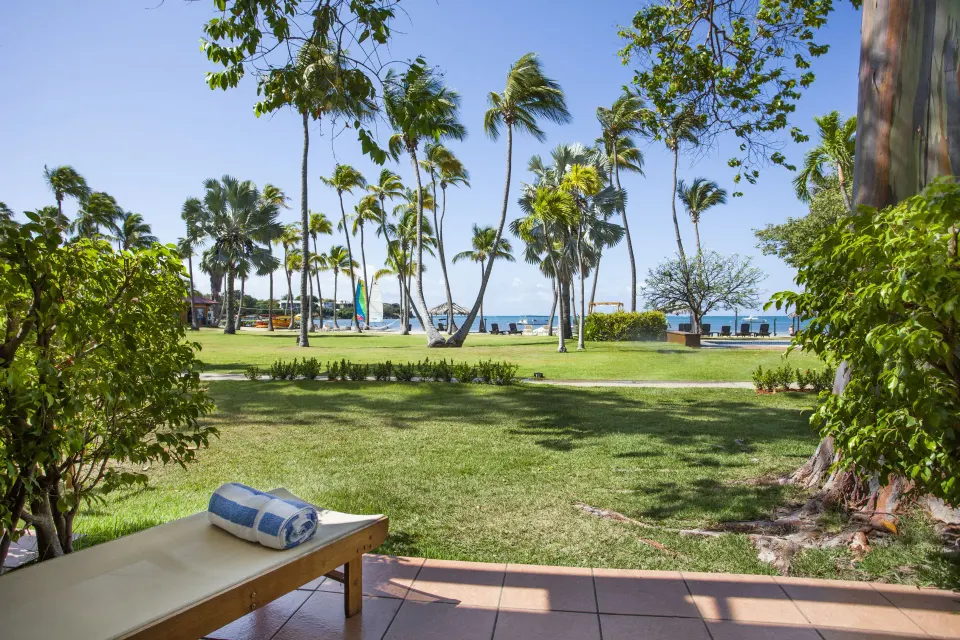 Oceanfront Room terrace view across palms and lawn at Copamarina Beach Resort & Spa.