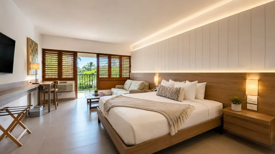 Suite bedroom with king bed, balcony doors and shutters at Copamarina Beach Resort & Spa.