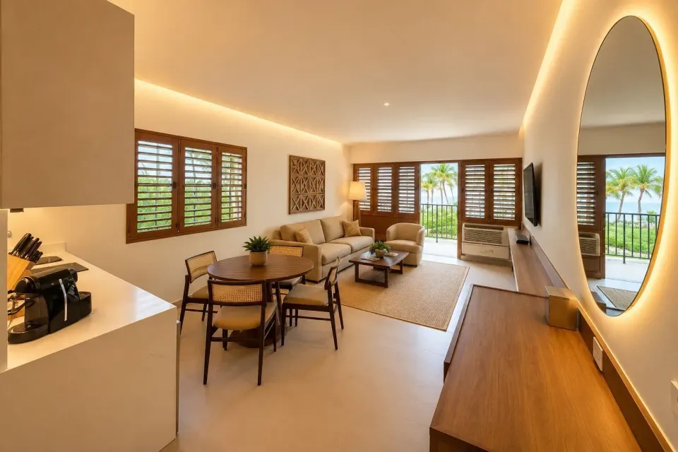 Suite living and dining area with balcony doors and ocean glimpses at Copamarina Beach Resort & Spa.