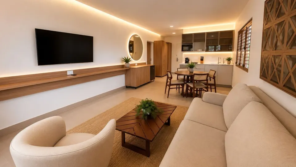 Suite living room with sofa, dining area, kitchenette and wall TV at Copamarina Beach Resort & Spa.