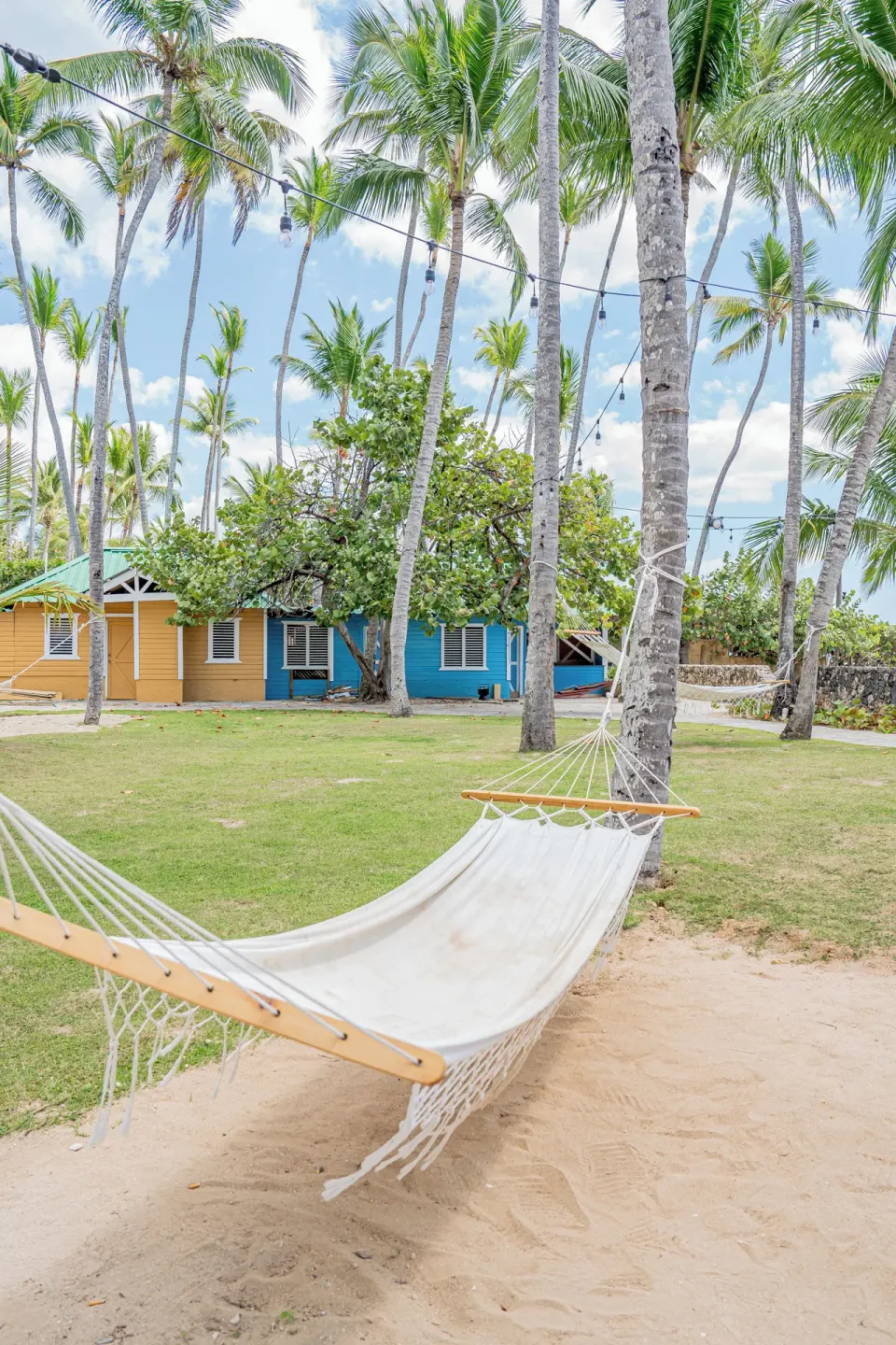 Hammocks hang between palm trees on the lawn at Coral Costa Caribe Beach Resort.