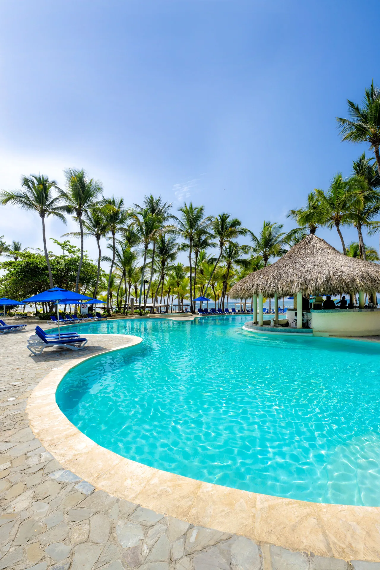 Sunny pool with blue loungers and thatched bar at Coral Costa Caribe Beach Resort.