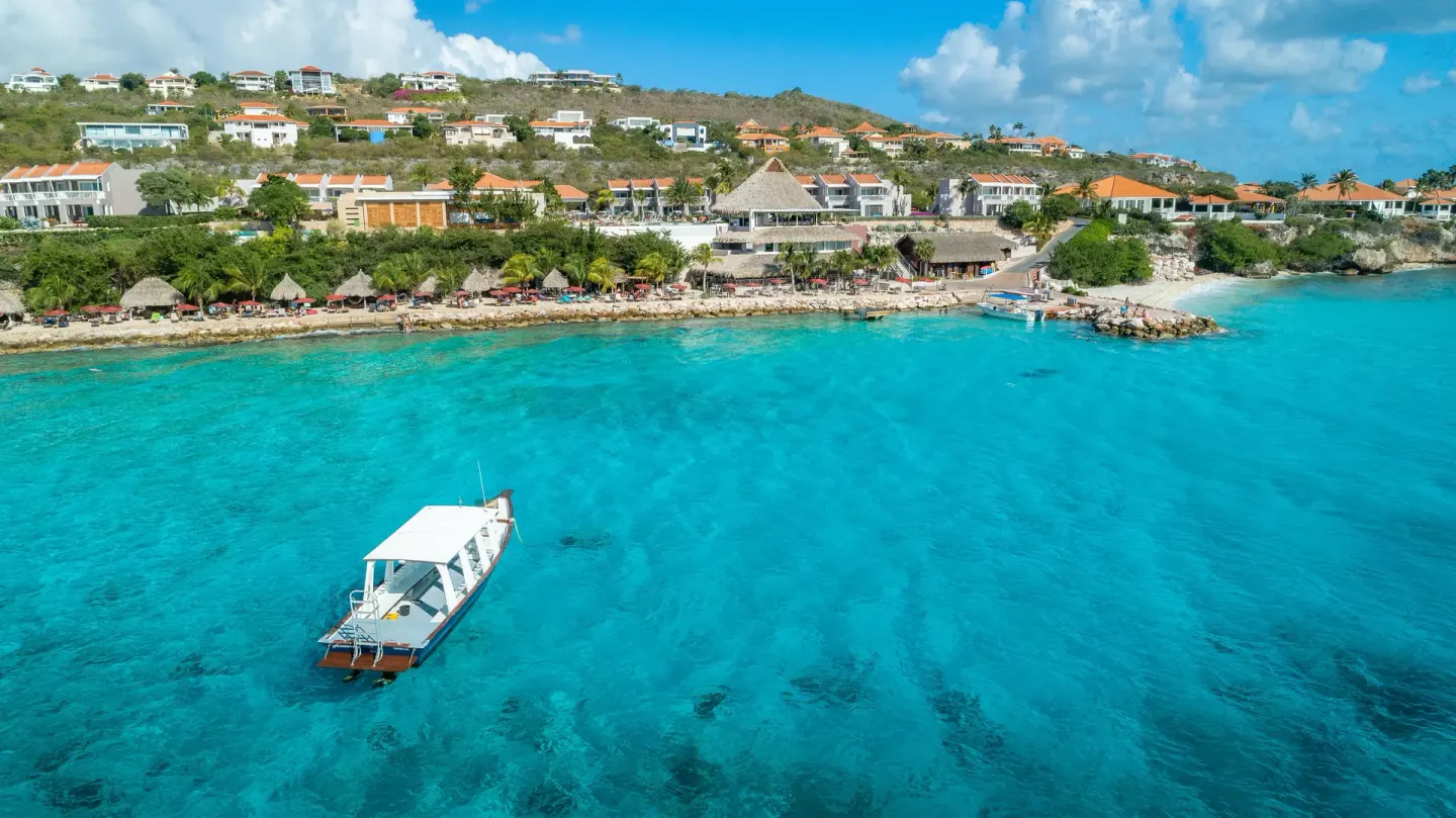 Aerial view of turquoise water, shoreline, and resort buildings at Coral Estate Luxury Resort.