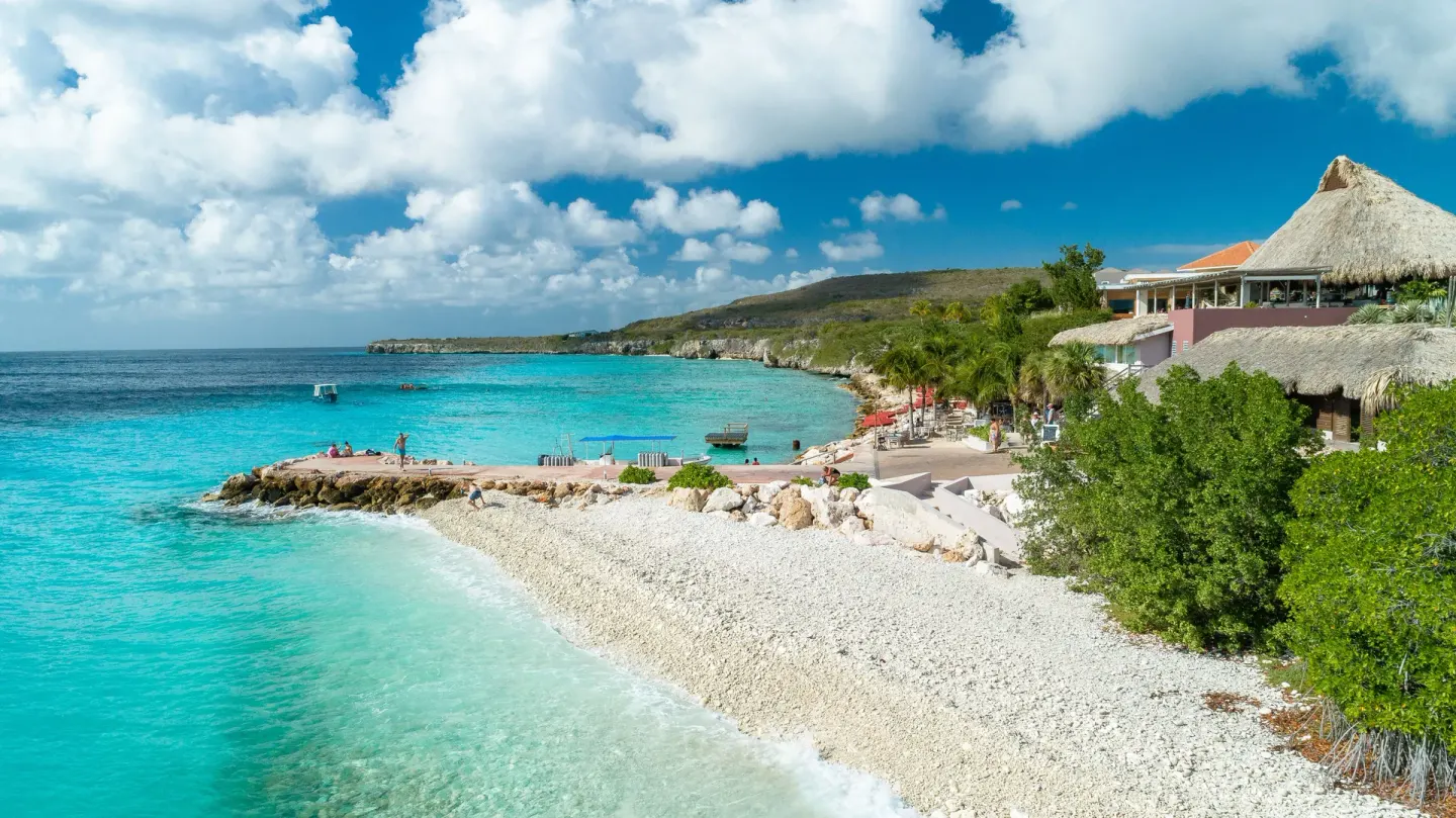 Beach cove with turquoise water and thatched buildings at Coral Estate Luxury Resort.