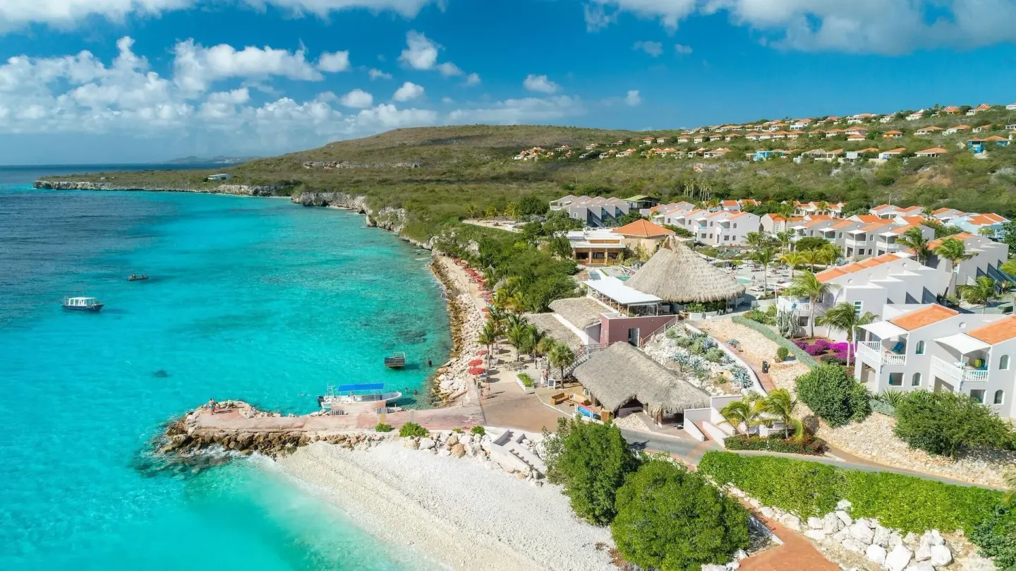 Aerial coastline with beach, pier, and resort buildings at Coral Estate Luxury Resort.