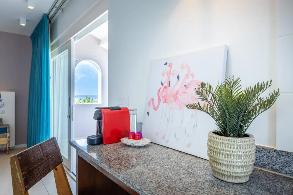 Deluxe Room coffee counter with flamingo art and balcony view at Coral Estate Luxury Resort.