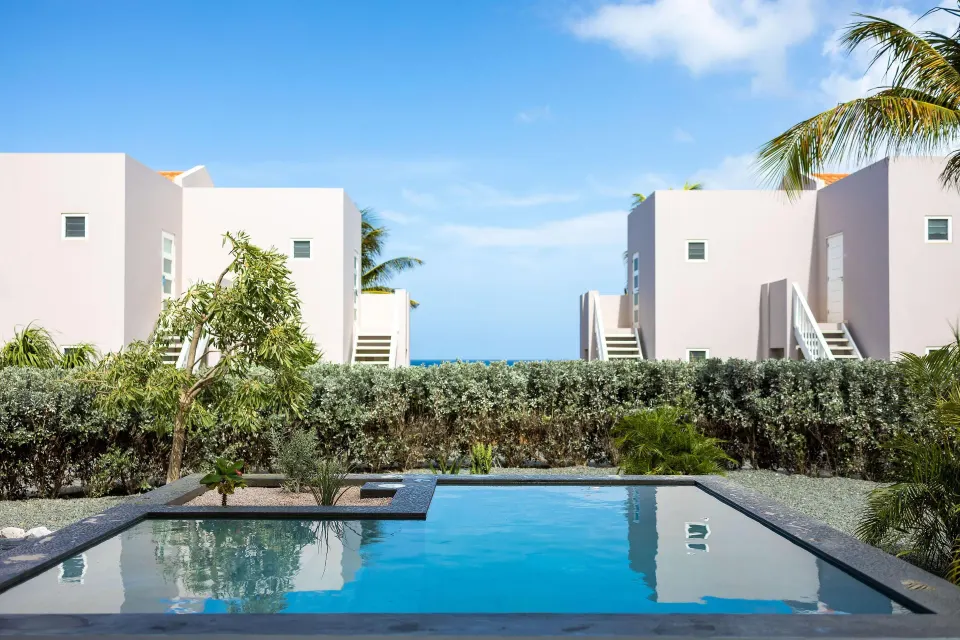 Premium Villa private pool with hedges and distant sea view at Coral Estate Luxury Resort.