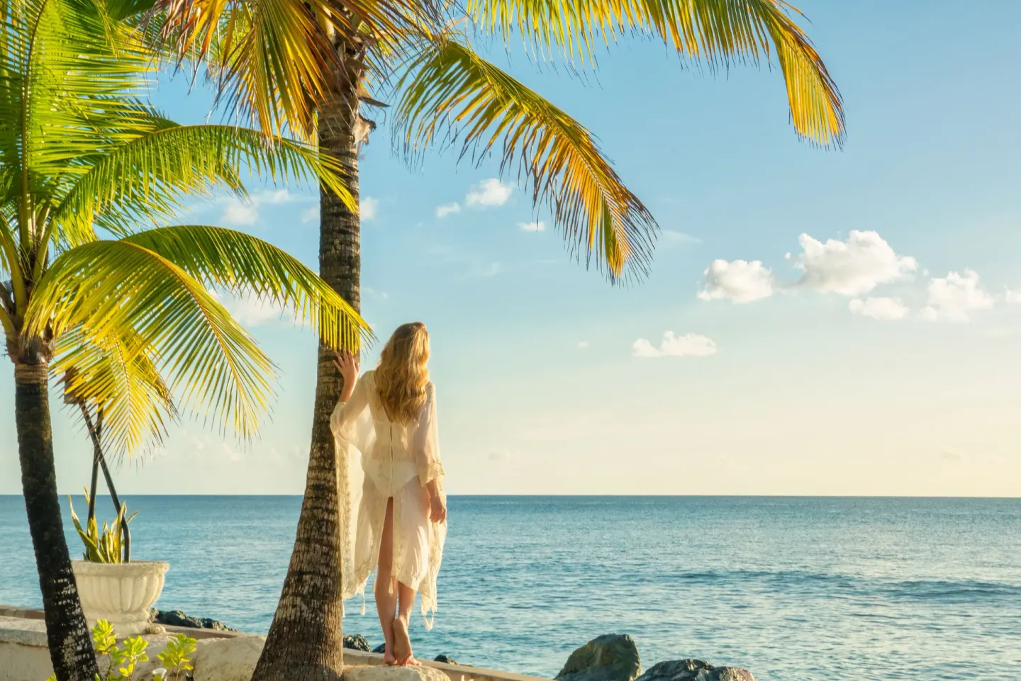 A guest stands by palm trees overlooking the ocean at Coral Reef Club.
