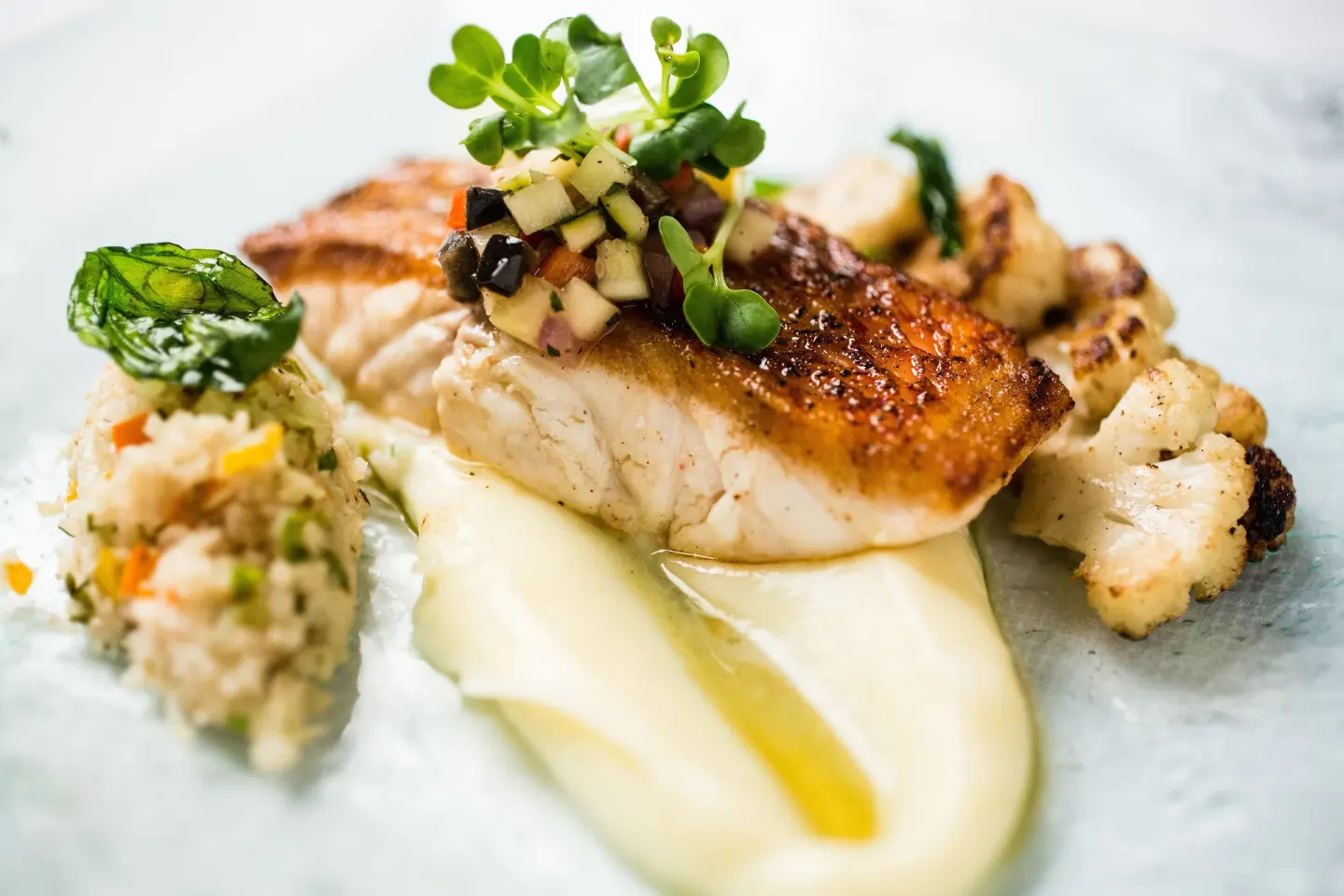 Close-up of seared fish with rice and vegetables at Coral Reef Club.