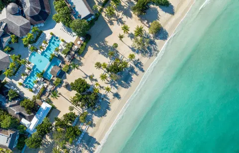 Top-down aerial view of the beach, pool, palms, and turquoise sea at Couples Negril.