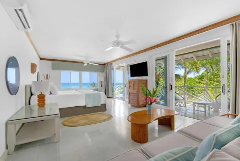 Spacious ocean-view guest room with king bed and seating at Couples Negril.