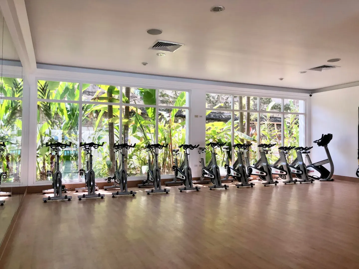 Fitness studio with rows of stationary bikes and garden-facing windows at Couples Tower Isle.