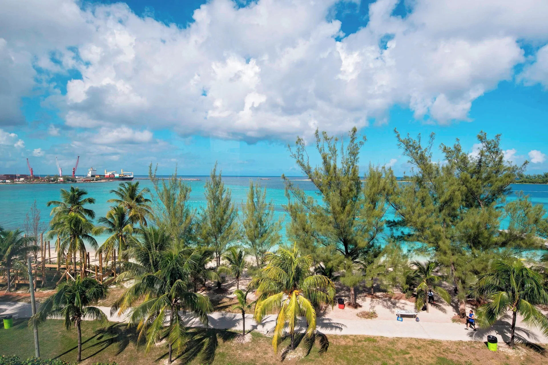 Oceanfront room view of palm trees, beach and turquoise water at Courtyard Nassau Downtown/Junkanoo Beach.
