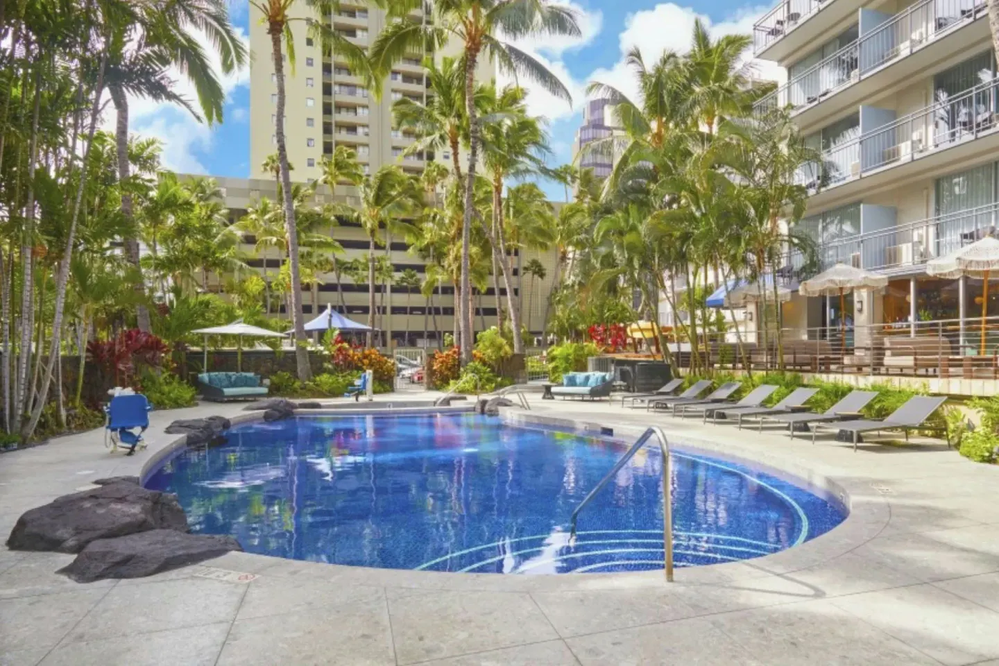 Curved outdoor pool with palms, loungers, and balconies at Courtyard Waikiki Beach.