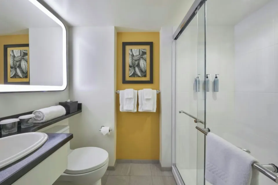 Accessible Standard Studio bathroom with roll-in shower at Courtyard Waikiki Beach.