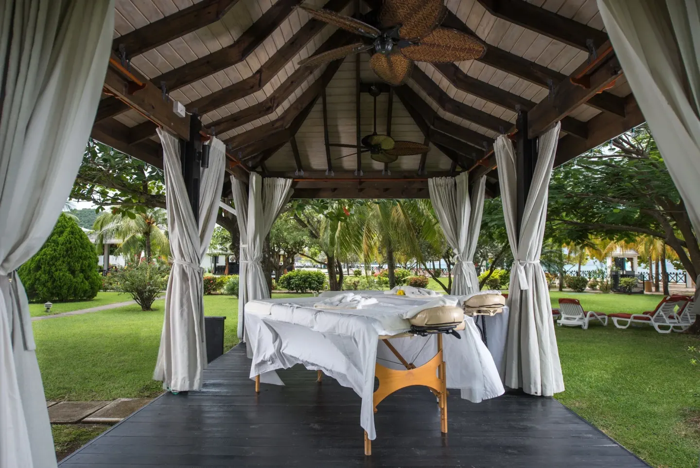Open-air massage pavilion in the gardens at Coyaba Beach Resort.