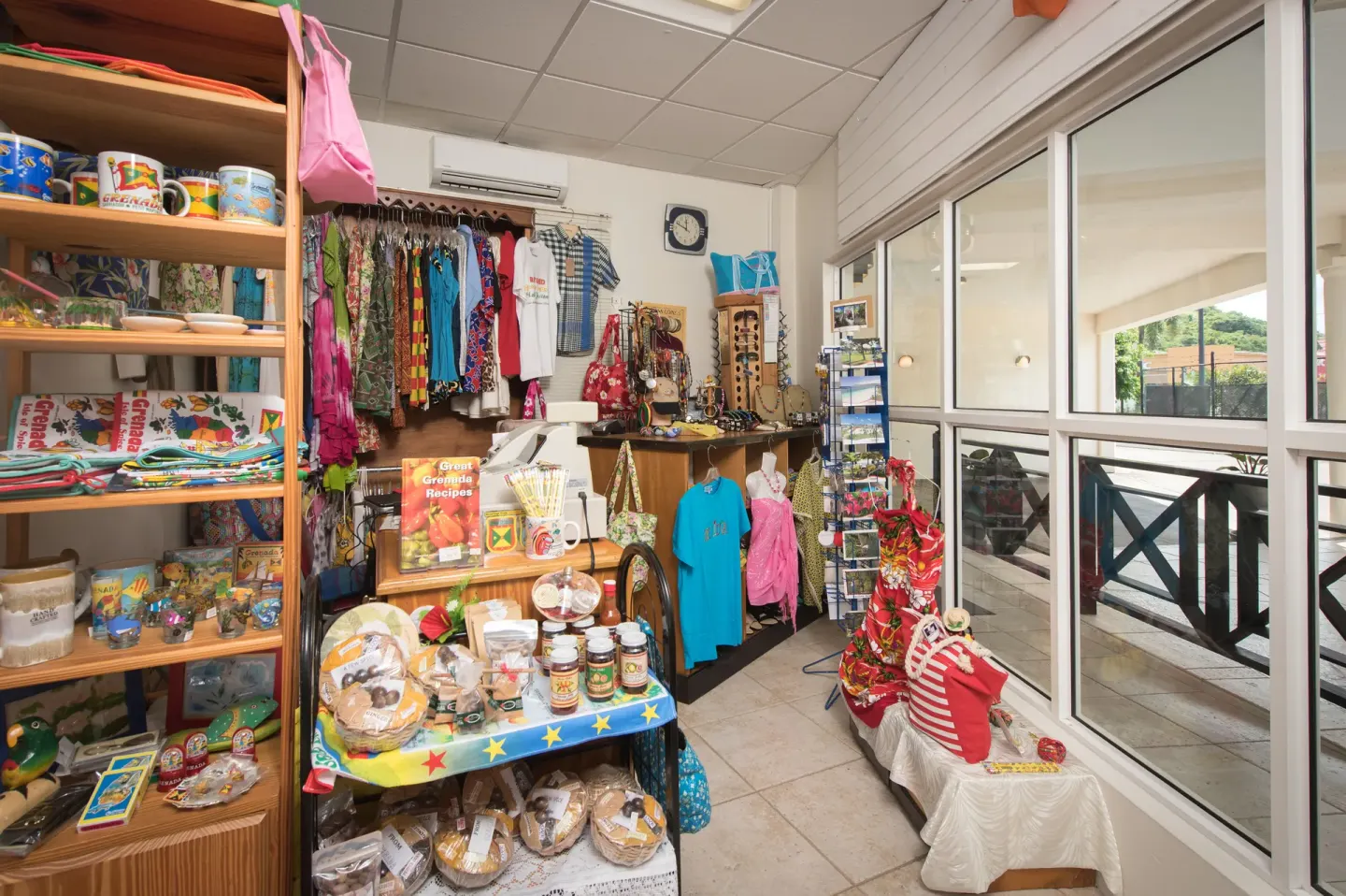 Gift shop shelves with clothing and souvenirs at Coyaba Beach Resort.