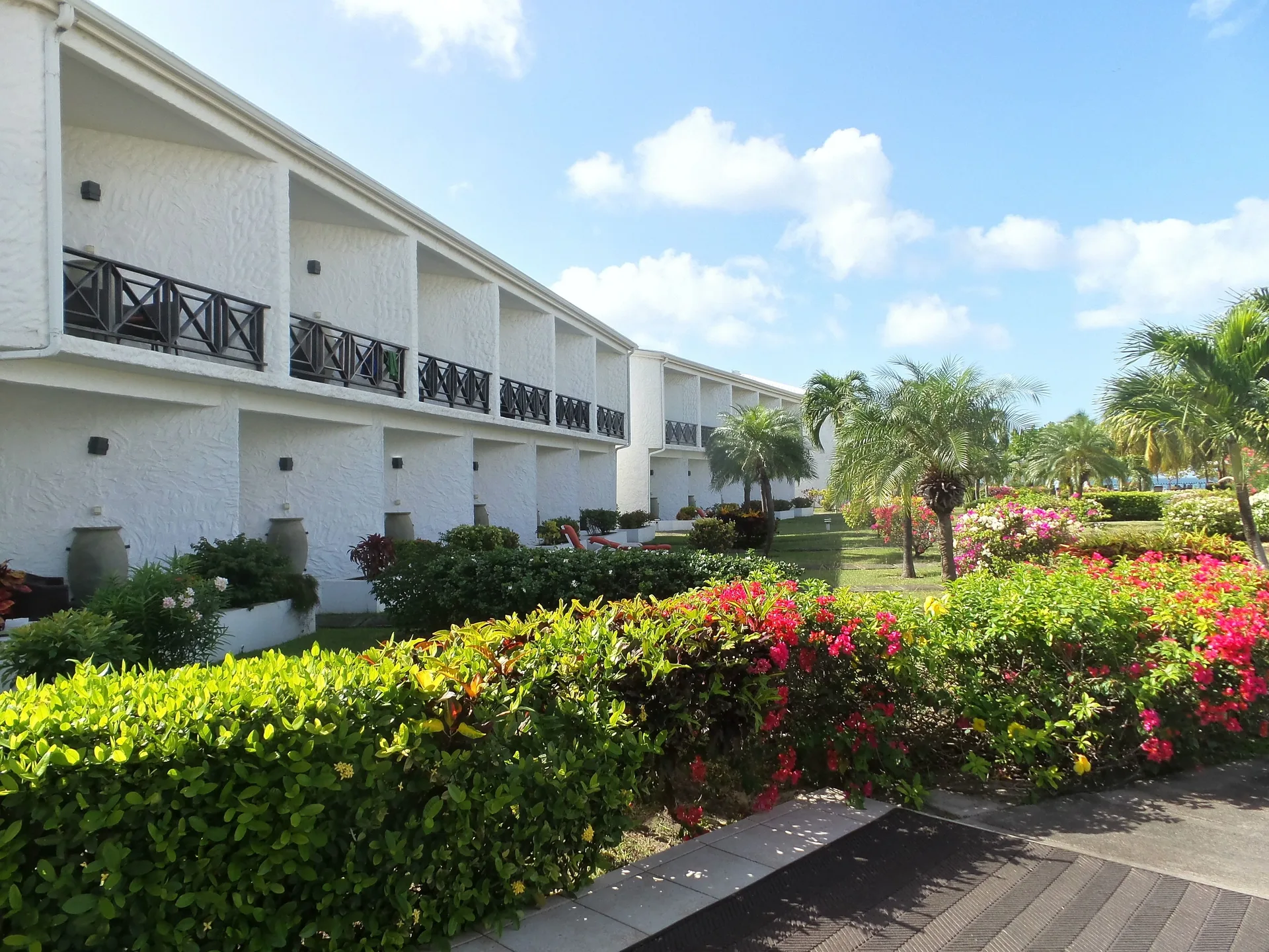 White guest room building behind colorful hedges at Coyaba Beach Resort.