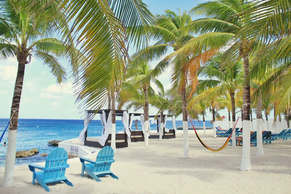 Palm-shaded beachfront seating and cabanas at Cozumel Hotel & Resort.