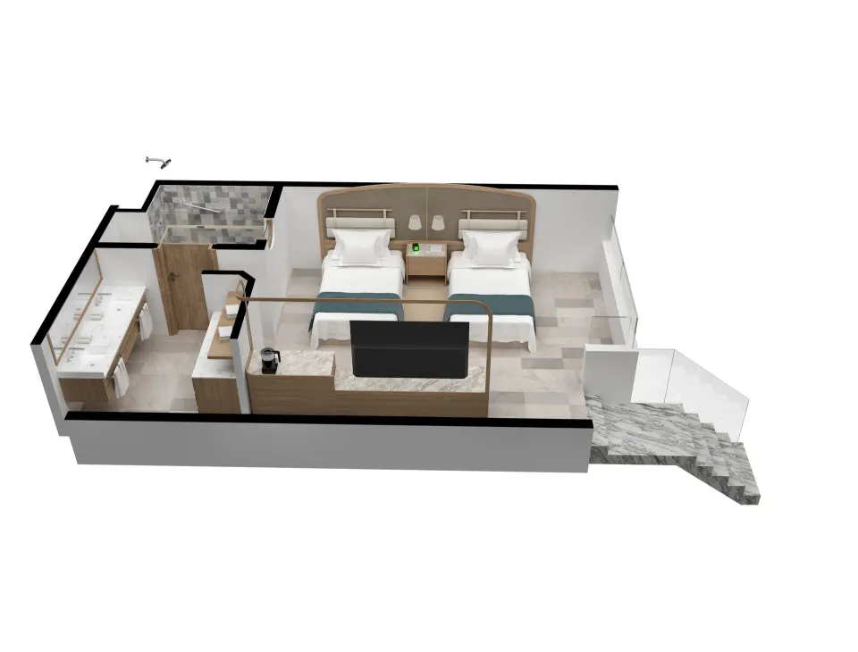 3D floorplan rendering of a guest room with two beds and bathroom at Cozumel Palace