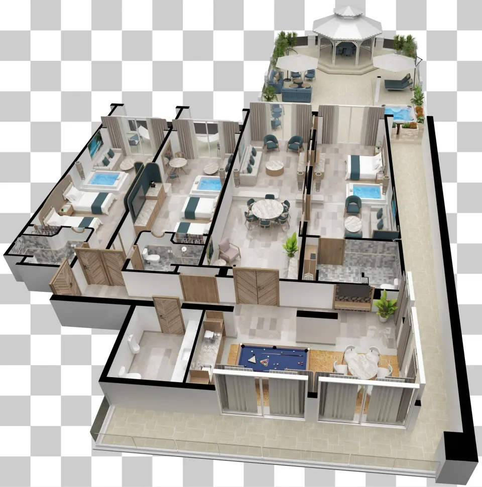 3D floorplan rendering of interconnected suites at Cozumel Palace.