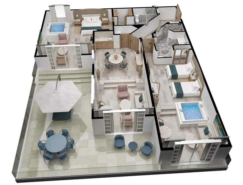 3D floorplan rendering of a multi-room suite with large terrace at Cozumel Palace