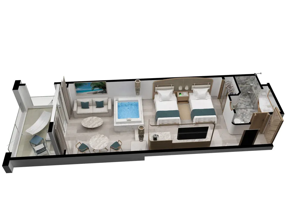 3D floorplan rendering of a suite with two beds and a central whirlpool at Cozumel Palace