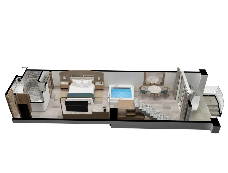 3D floorplan rendering of a suite with king bed, whirlpool and staircase at Cozumel Palace