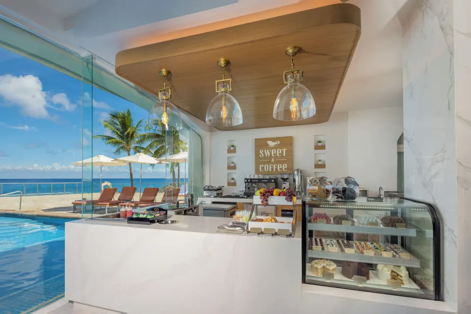 Poolside coffee counter and ocean view at Cozumel Palace