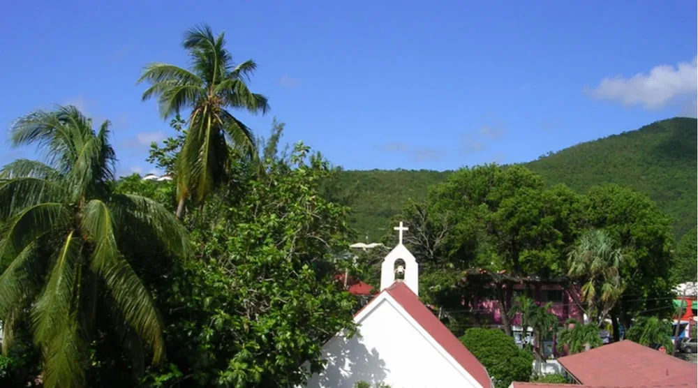 View of palm trees, a church roof, and green hills near Cruz Bay Boutique Hotel.