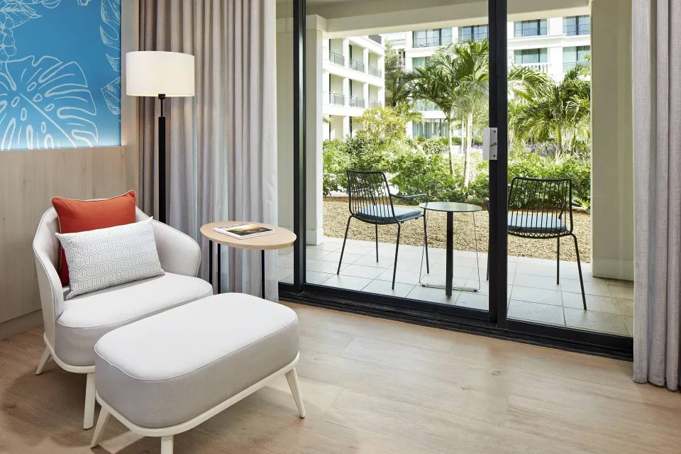 Garden view room seating area and patio at Curacao Marriott Beach Resort.