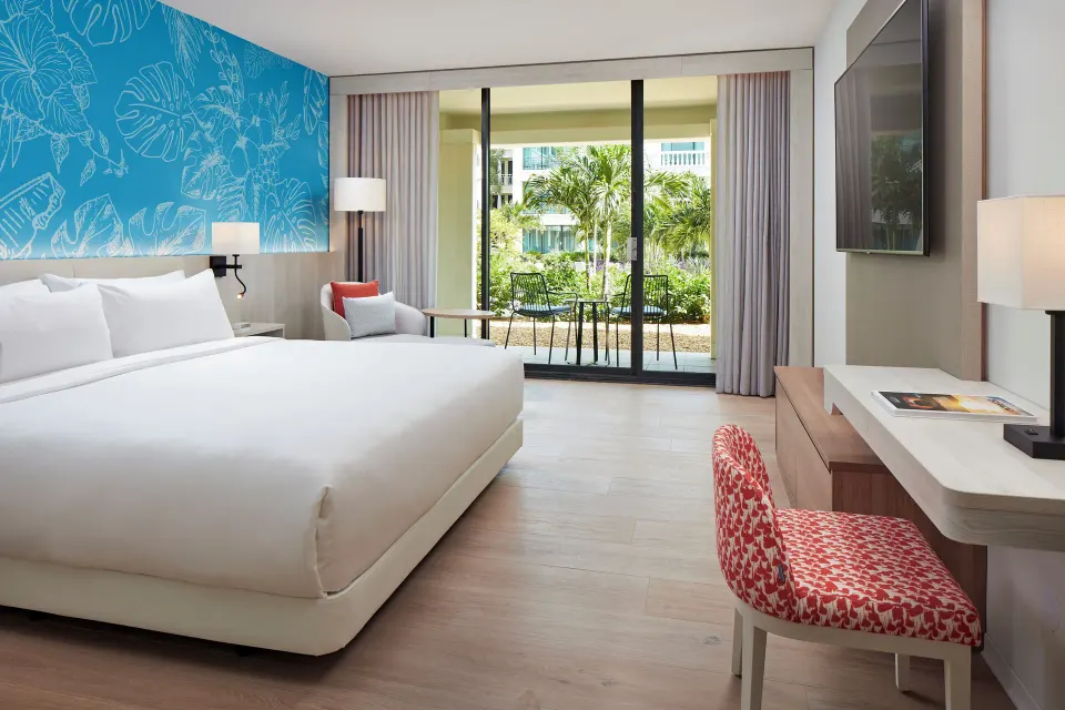 King room with garden patio view at Curacao Marriott Beach Resort.