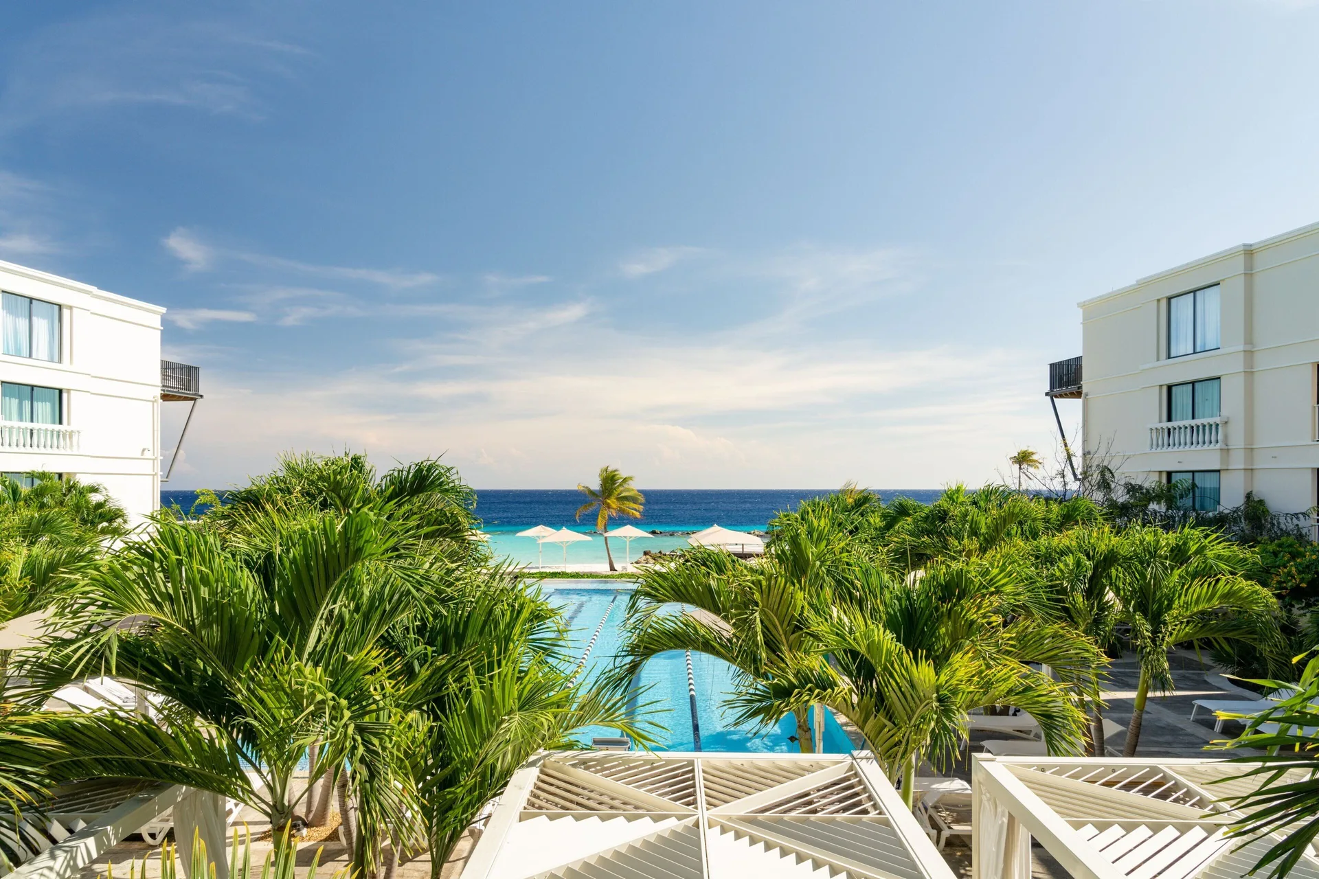 Palm-framed pool and ocean view from a room at Curacao Marriott Beach Resort.