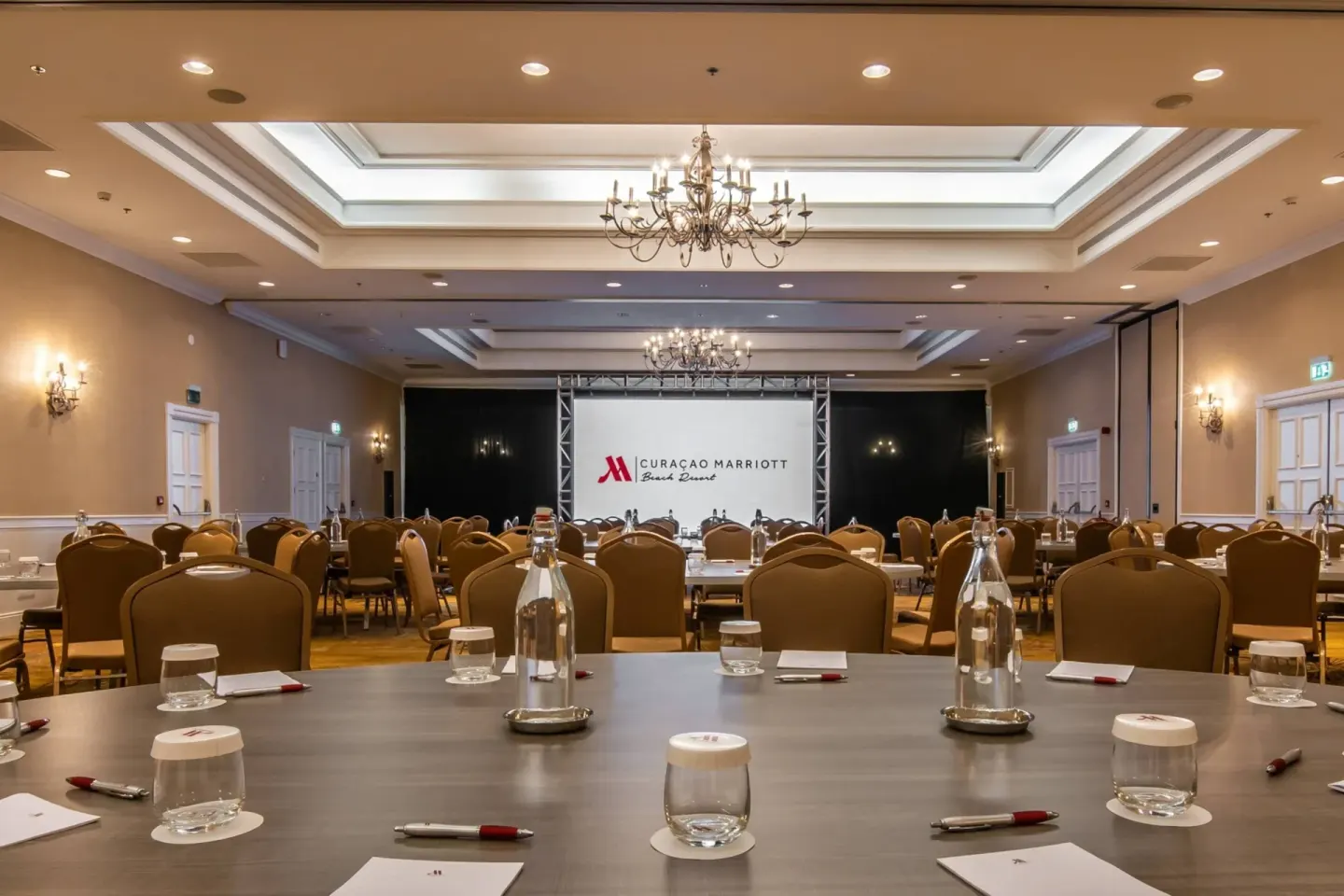 Ballroom meeting setup with screen at Curacao Marriott Beach Resort.