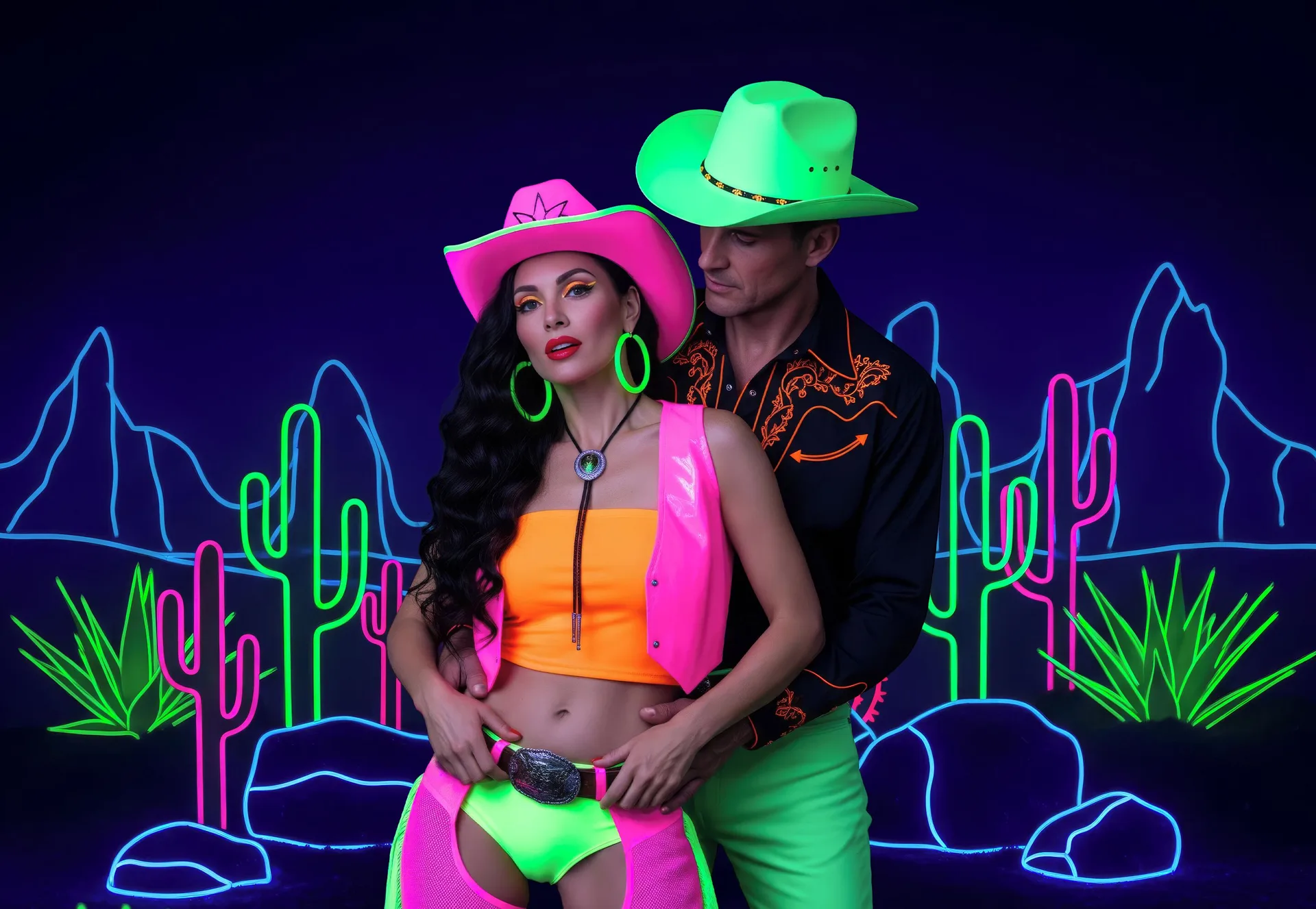 Neon western-themed couple portrait at Desire Riviera Maya Resort.