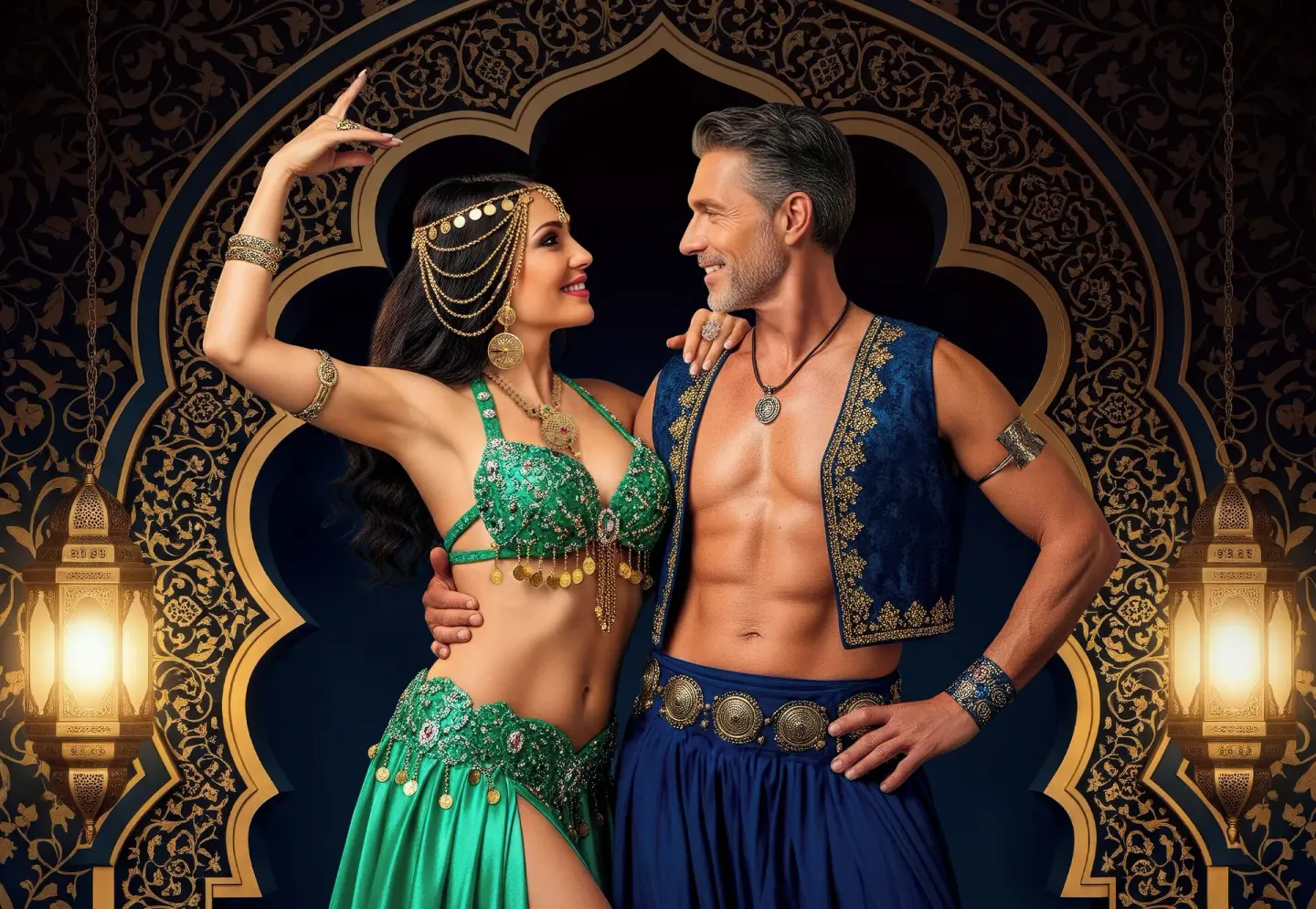 Costumed couple posing in an ornate themed setting at Desire Riviera Maya Resort.